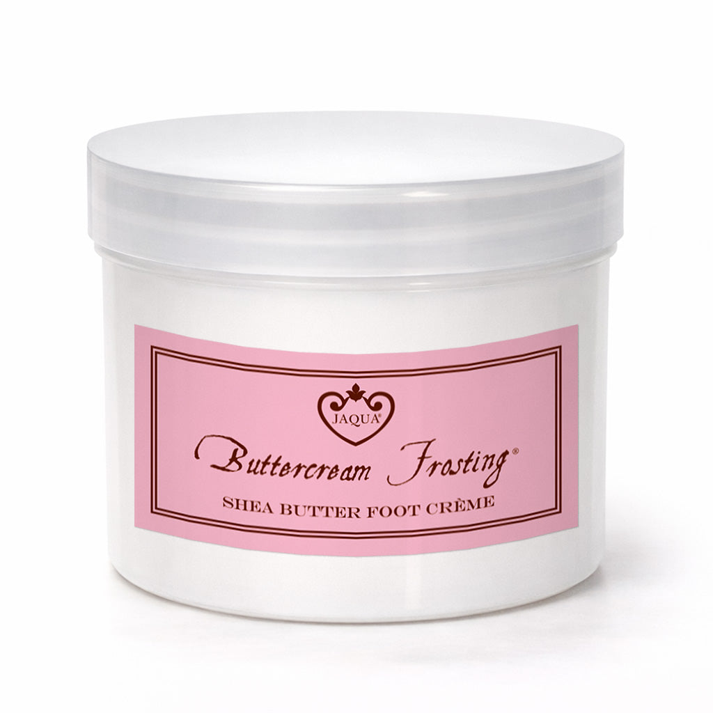 Jar of Jaqua Buttercream Frosting Shea Butter Foot Crème with pink label on a white background