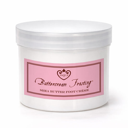 Jar of Jaqua Buttercream Frosting Shea Butter Foot Crème with pink label on a white background