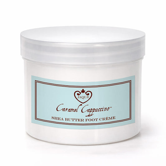 Jar of Jaqua Caramel Cappuccino shea butter foot crème on a white background