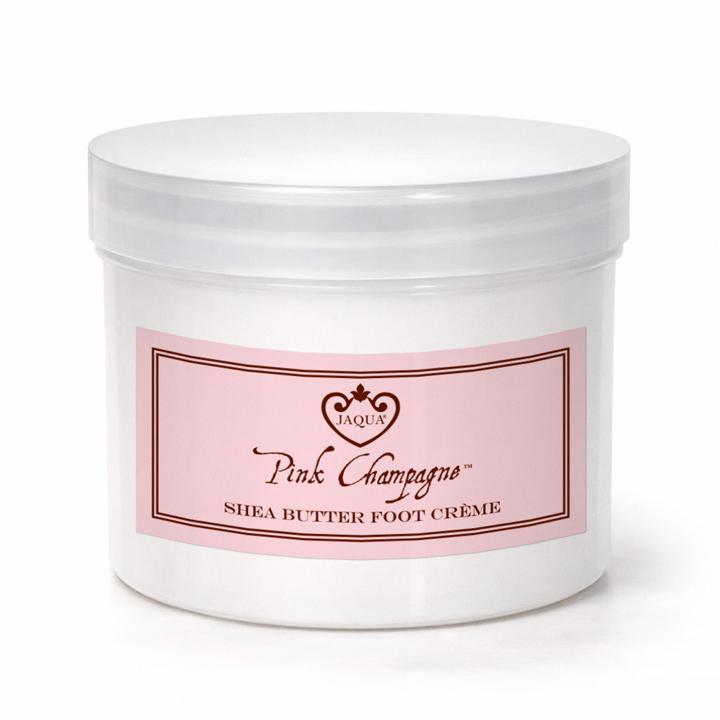Jar of Jaqua Pink Champagne shea butter foot crème on a white background