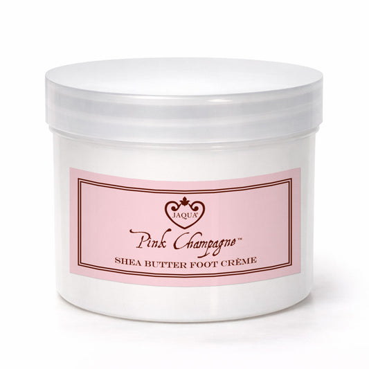 Jar of Jaqua Pink Champagne shea butter foot crème on a white background