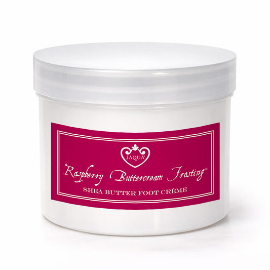 Jar or Jaqua Raspberry Buttercream Frosting Foot Creme on White background.